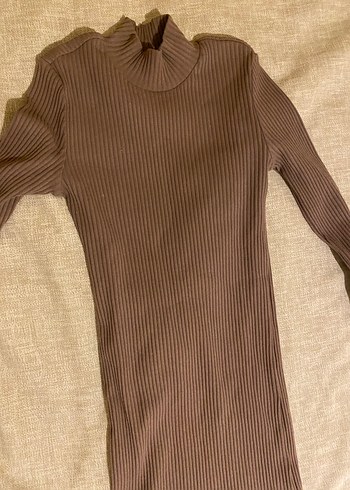 Bej Yüksek Yakalı Uzun Kollu Triko Elbise - Görsel 2