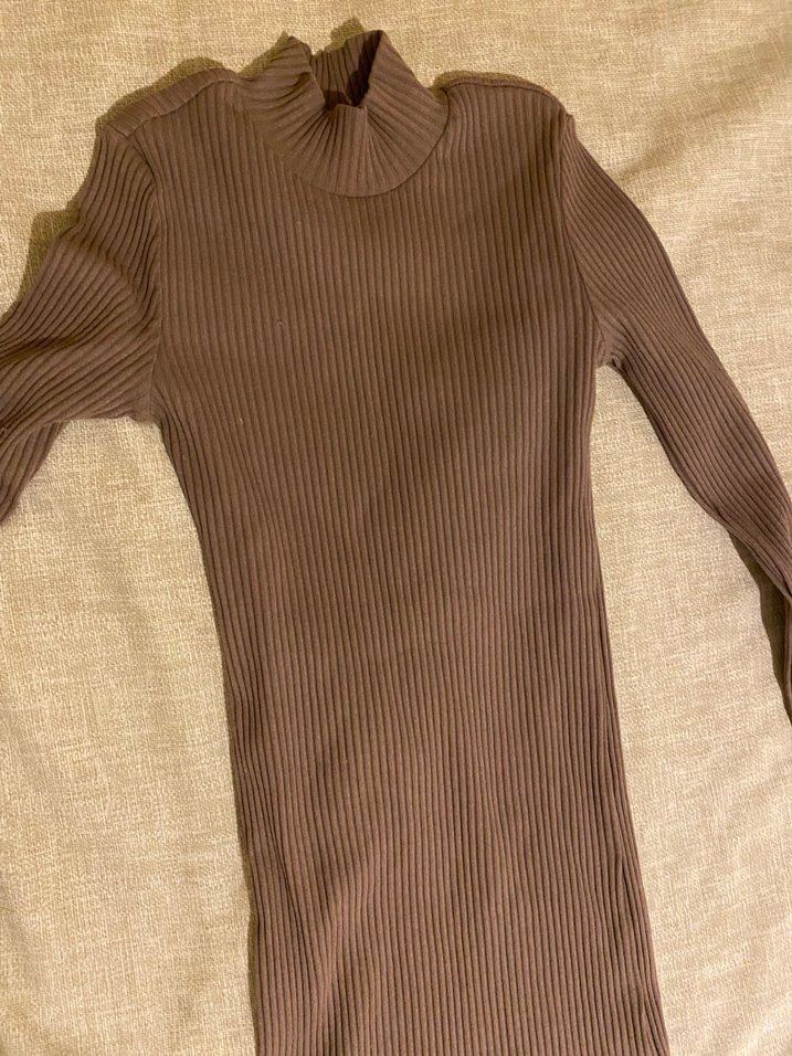 Bej Yüksek Yakalı Uzun Kollu Triko Elbise - Görsel 2