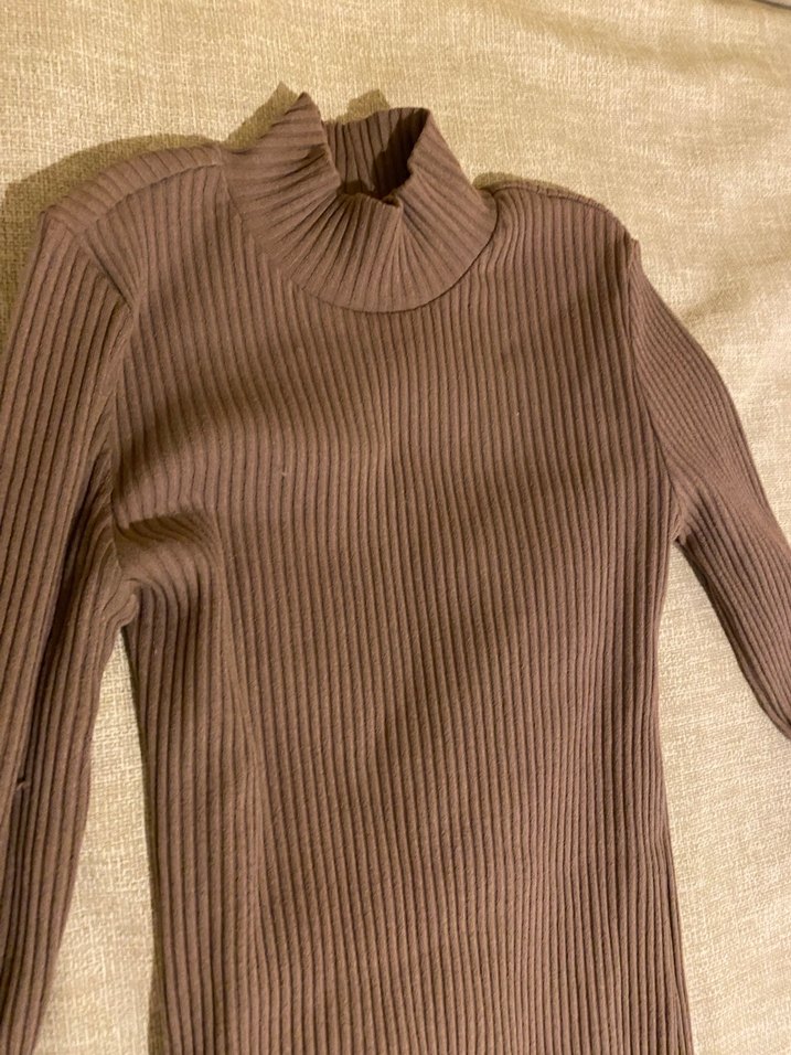 Bej Yüksek Yakalı Uzun Kollu Triko Elbise - Görsel 3