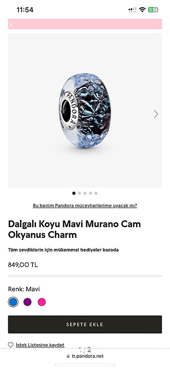 Pandora mavi murano charm