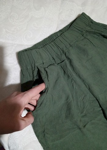 Kadın Keten Rahat Kesim Yeşil Pantolon - Görsel 3