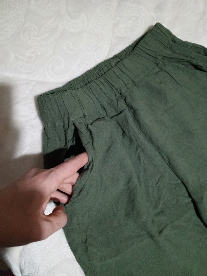 Kadın Keten Rahat Kesim Yeşil Pantolon - Görsel 3