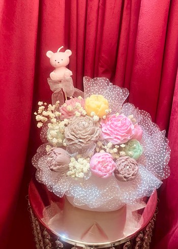 Pastel Pembe Çiçek Mum Buketi - Görsel 5