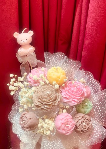 Pastel Pembe Çiçek Mum Buketi - Görsel 2