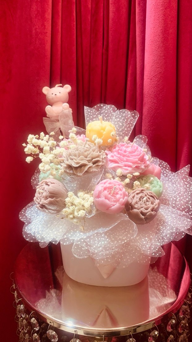 Pastel Pembe Çiçek Mum Buketi - Görsel 3