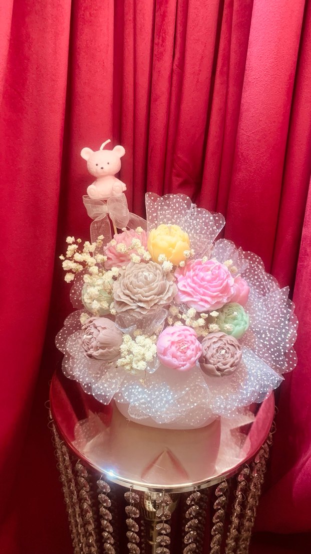 Pastel Pembe Çiçek Mum Buketi - Görsel 5