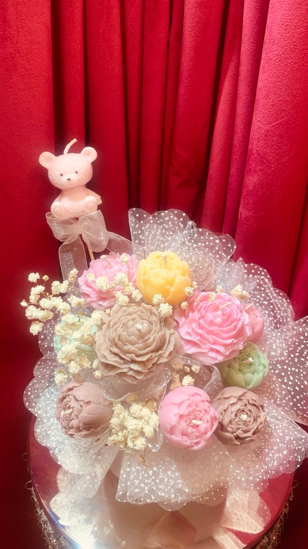 Pastel Pembe Çiçek Mum Buketi - Görsel 2