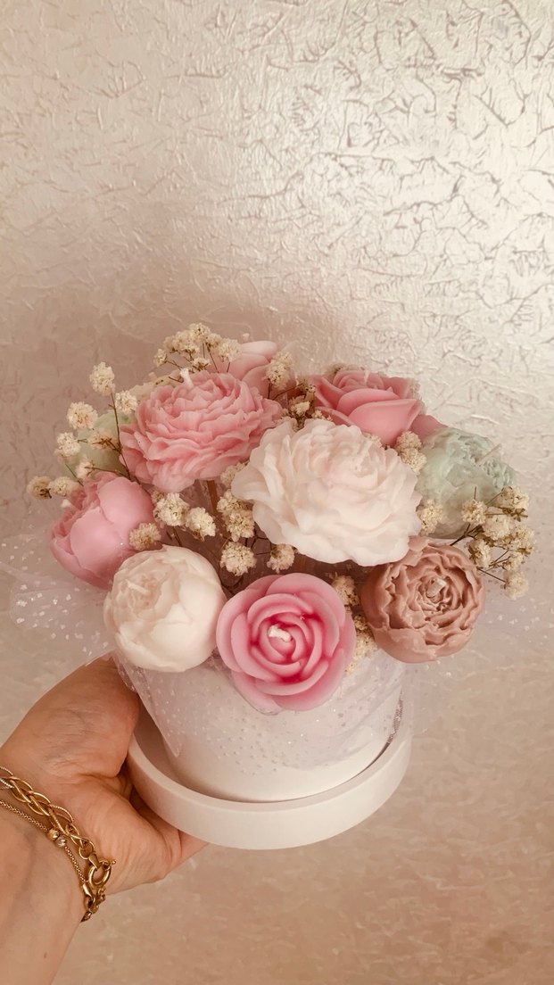 Pastel Pembe Çiçek Şeklinde Mum Aranjmanı - Görsel 3