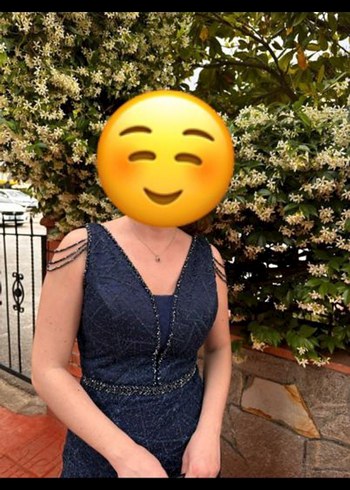 Lacivert V Yakalı Boncuk Detaylı Abiye Elbise