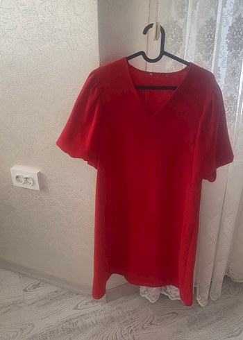 Kırmızı V Yaka Midi Kadın Elbise - Görsel 8