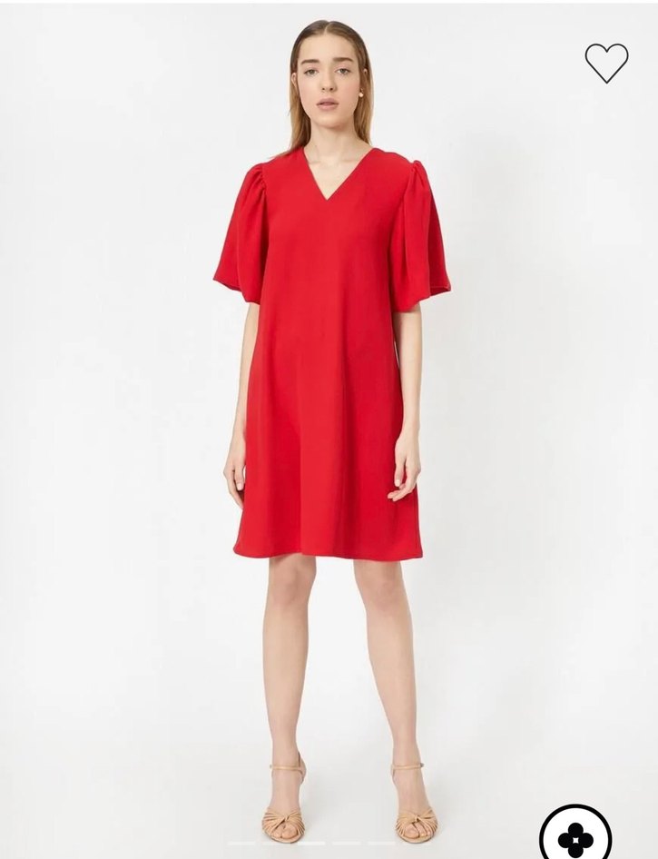 Kırmızı V Yaka Midi Kadın Elbise - Görsel 4
