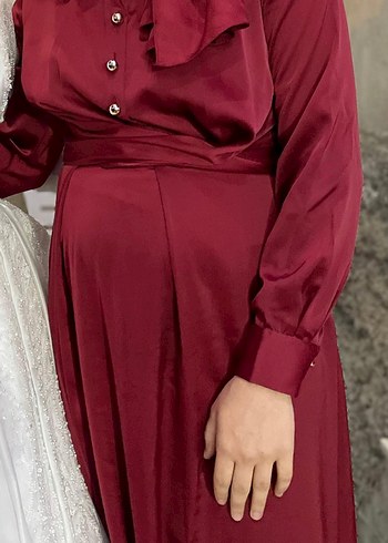 Bordo Saten Uzun Kol Elbise - Görsel 2