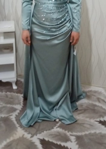 Uzun Kol Drapeli Turkuaz Abiye Elbise - Görsel 2