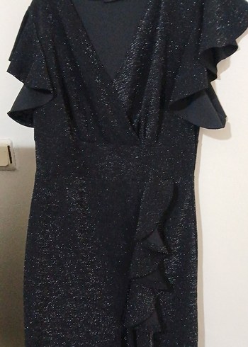 Siyah Drapeli V Yaka Midi Elbise - Görsel 2