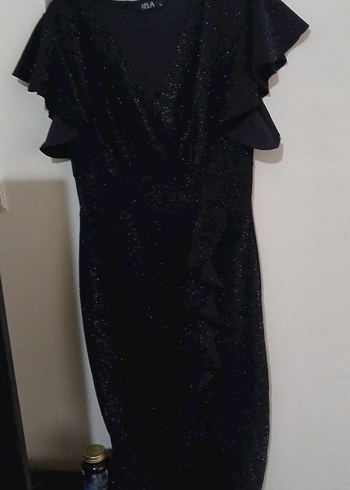 Siyah Drapeli V Yaka Midi Elbise - Görsel 3