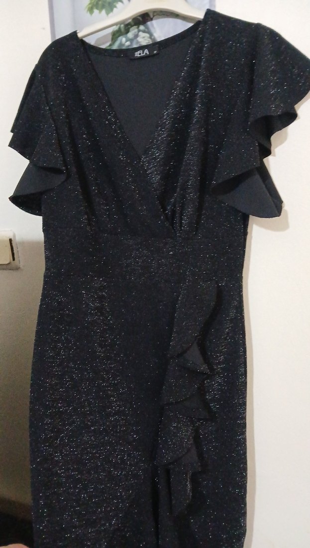 Siyah Drapeli V Yaka Midi Elbise - Görsel 2