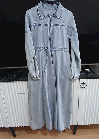 Düğmeli Uzun Kot Elbise - Görsel 2