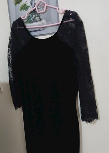 Dantel Detaylı Siyah Uzun Kollu Midi Elbise - Görsel 2