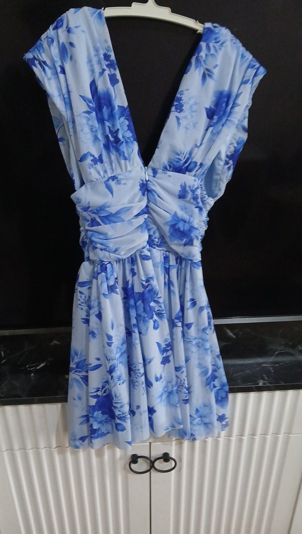 Drapeli Mavi Mini Elbise - Görsel 2