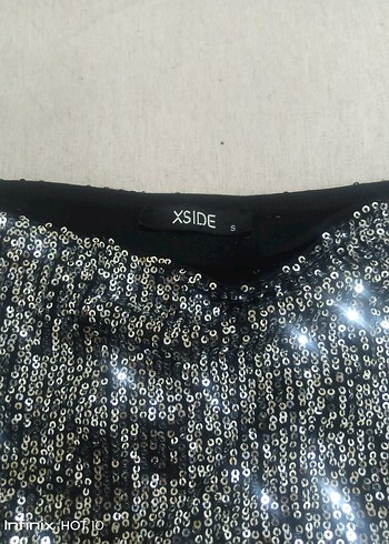 Parlak Gri Uzun Payetli esnek kumaş etek - Görsel 3