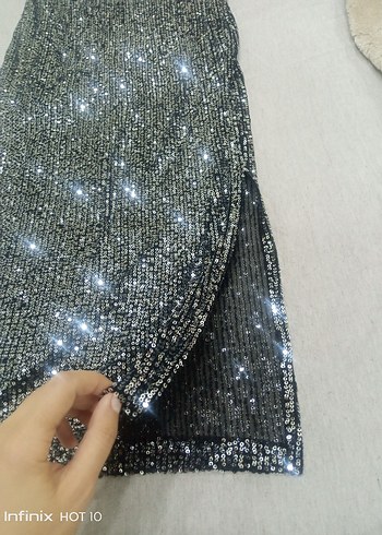 Parlak Gri Uzun Payetli esnek kumaş etek - Görsel 2