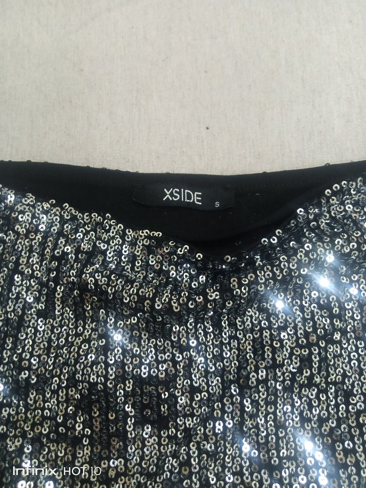 Parlak Gri Uzun Payetli esnek kumaş etek - Görsel 3