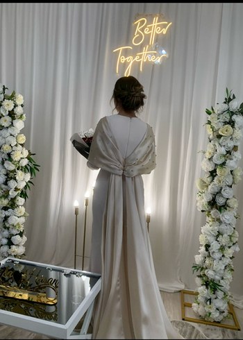 Uzun Kollu Drapeli Bej Nişan Elbisesi - Görsel 7