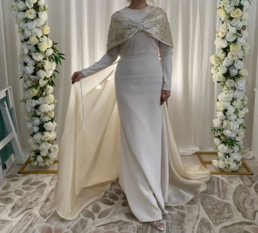 Uzun Kollu Drapeli Bej Nişan Elbisesi - Görsel 3