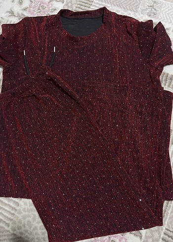 s Beden Bordo Kadın Uzun Kollu Parlak Rahat Pijama Takımı