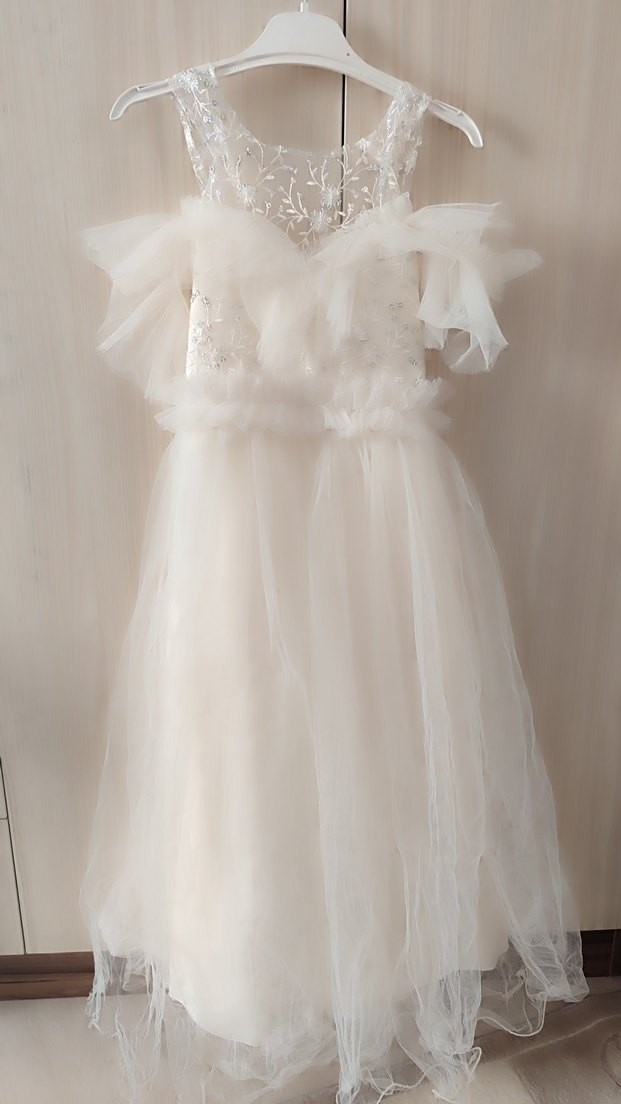 Beyaz Nakışlı Straplez Kız Çocuk Elbisesi - Görsel 2