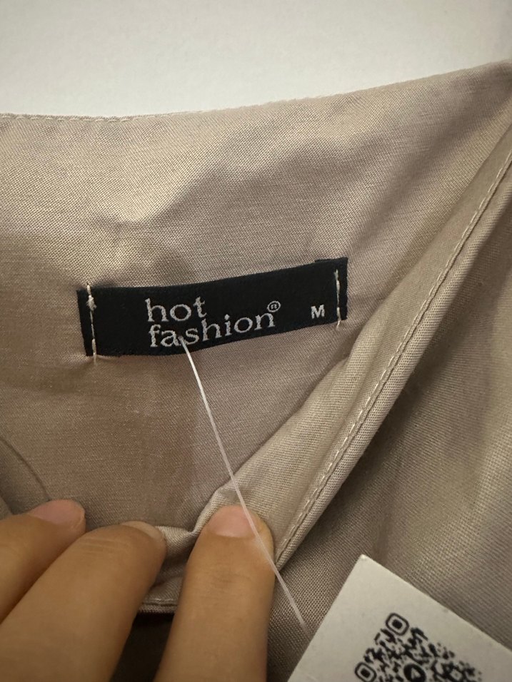 Bej Keten Mini Askılı Elbise - Görsel 4