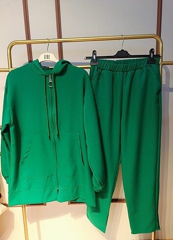 Dabıl krep kumaş fermuarlı ikili yeşil takım 
