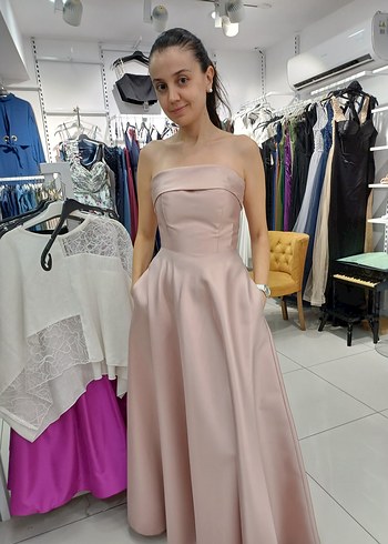 Bej Drapeli Straplez Uzun Abiye Elbise - Görsel 5