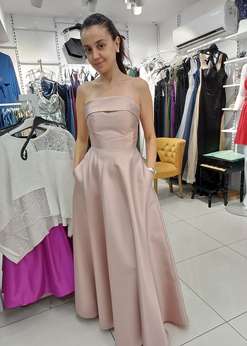 Bej Drapeli Straplez Uzun Abiye Elbise - Görsel 9