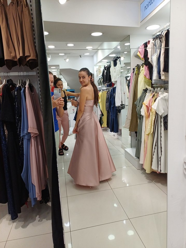 Bej Drapeli Straplez Uzun Abiye Elbise - Görsel 2