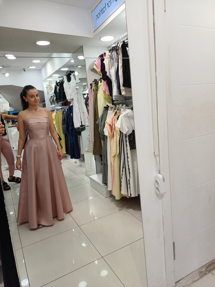 Bej Drapeli Straplez Uzun Abiye Elbise - Görsel 3