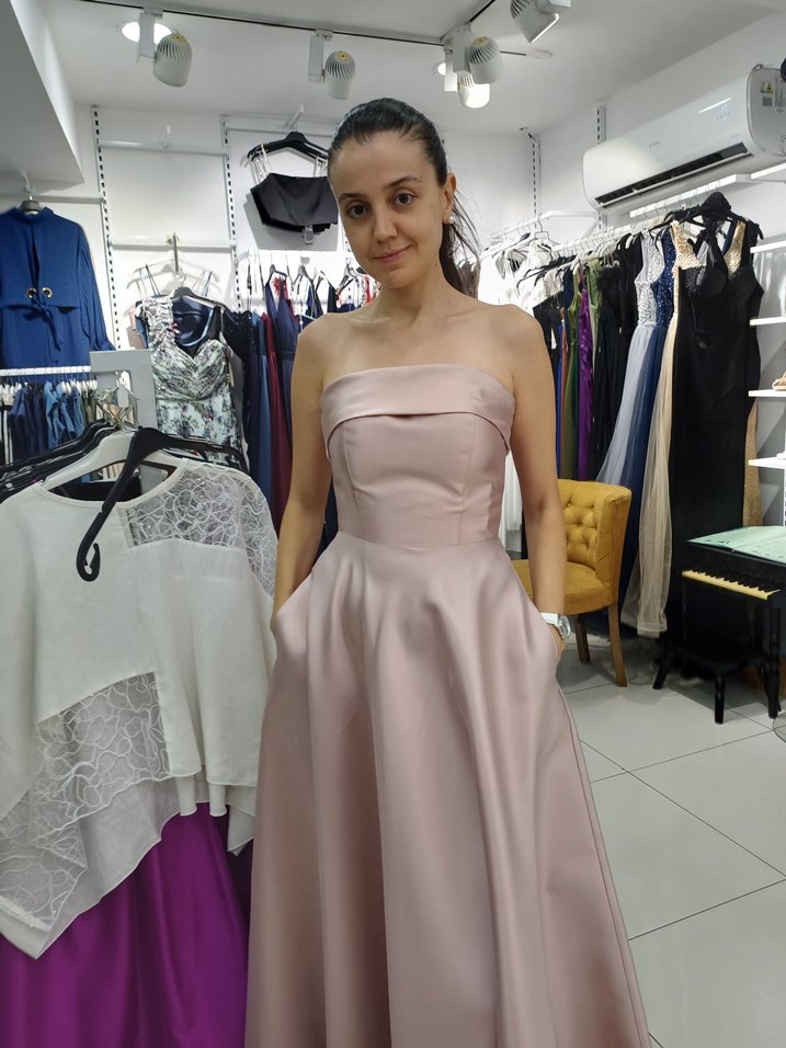 Bej Drapeli Straplez Uzun Abiye Elbise - Görsel 4