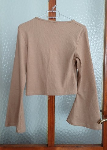 Bej V Yaka Uzun Kollu Kadın Bluz - Görsel 3