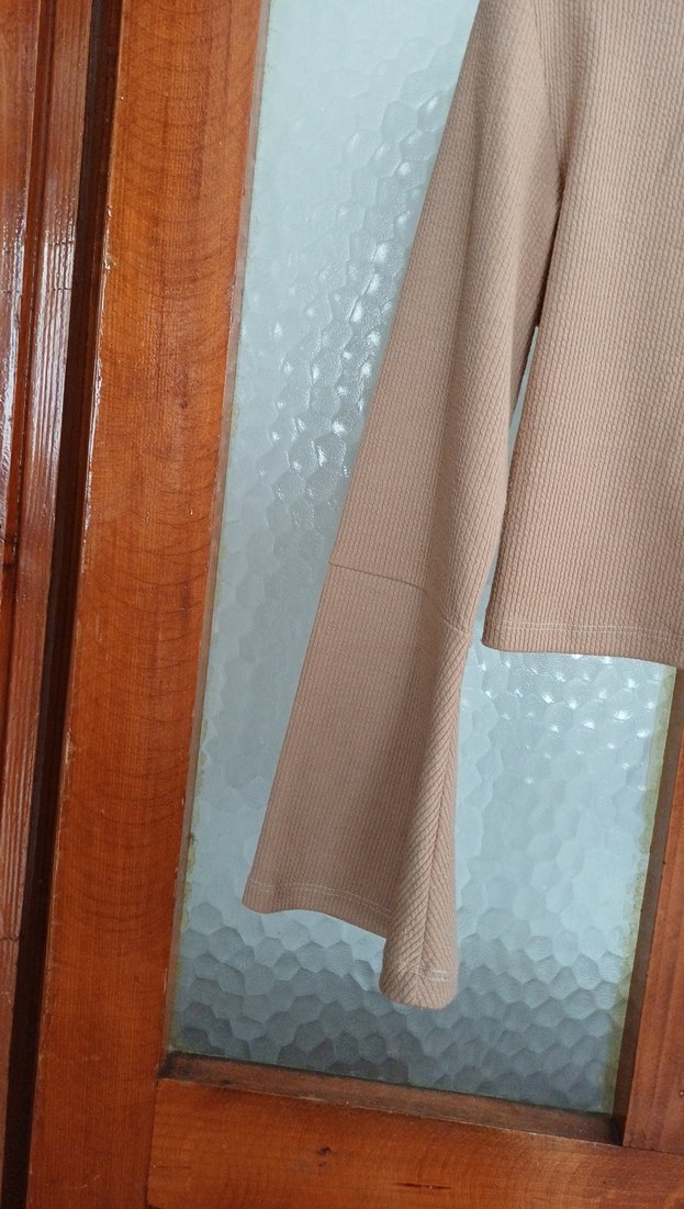 Bej V Yaka Uzun Kollu Kadın Bluz - Görsel 4