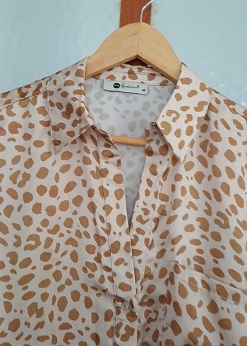 Bej Leopar Desenli Bohem Düğmeli Gömlek - Görsel 6