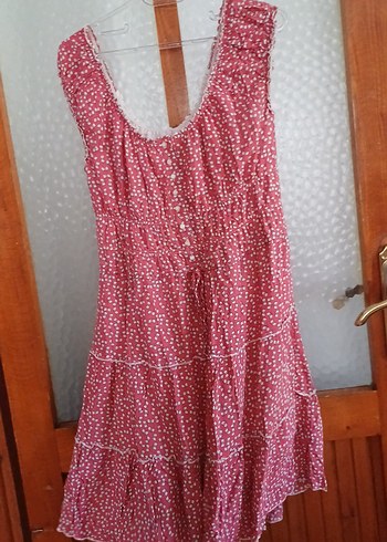 Pembe Düğmeli Midi Bohem Pamuk Elbise
