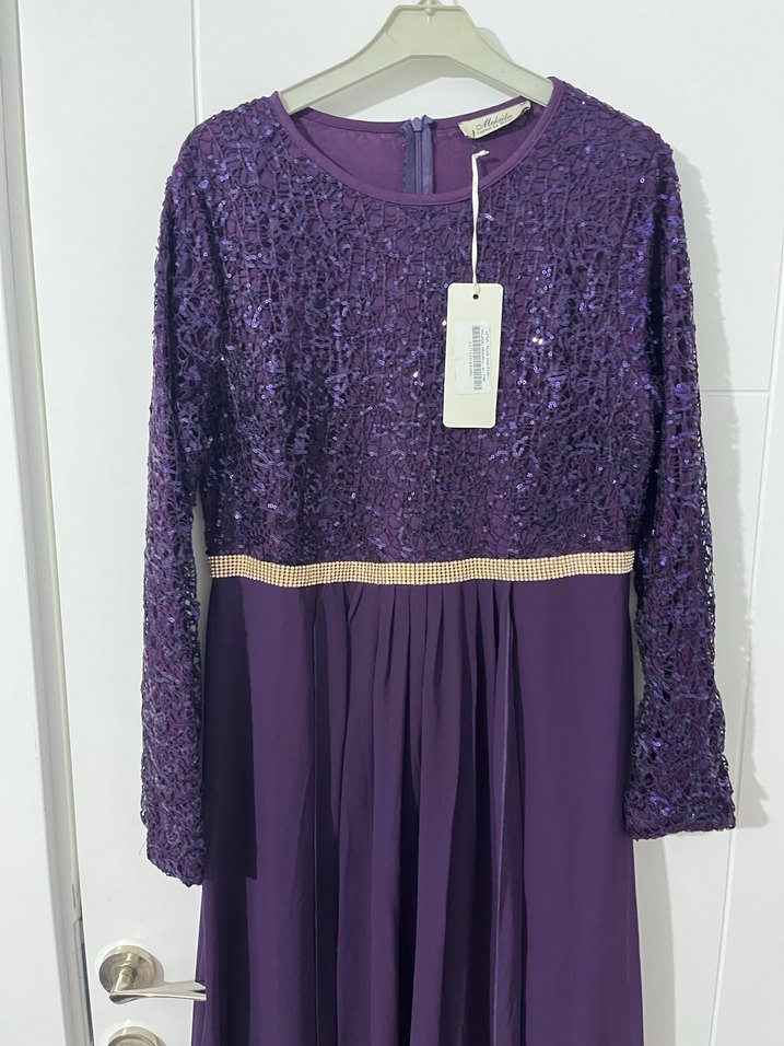 Kadın Mor Uzun Kollu Abiye Elbise - Görsel 2