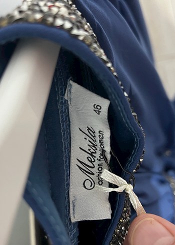 Mavi Uzun Kollu İşlemeli Abiye Elbise - Görsel 4