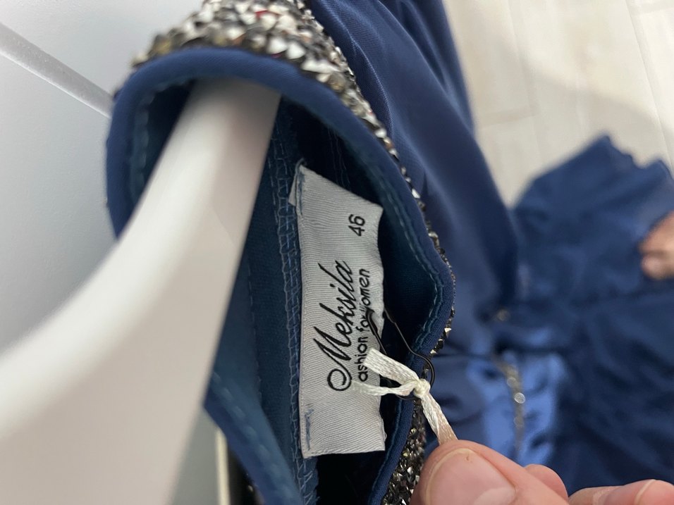 Mavi Uzun Kollu İşlemeli Abiye Elbise - Görsel 4