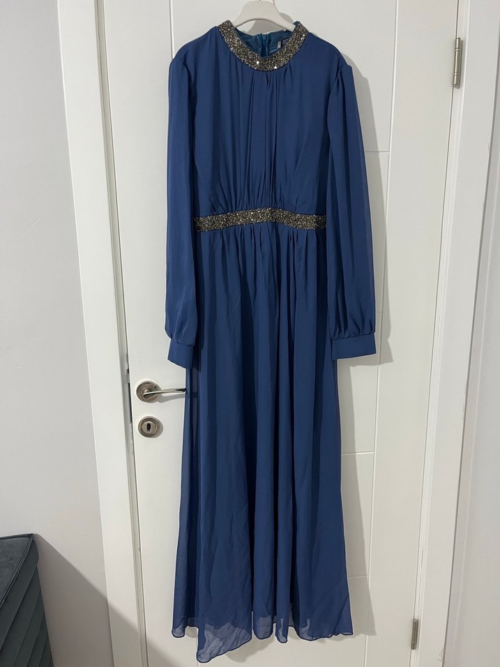 Mavi Uzun Kollu İşlemeli Abiye Elbise - Görsel 2