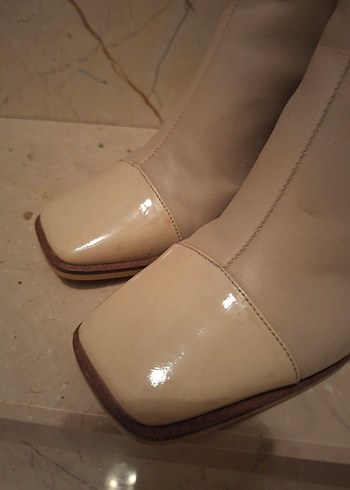 Bej Deri Kadın Topuklu Botlar - Görsel 7