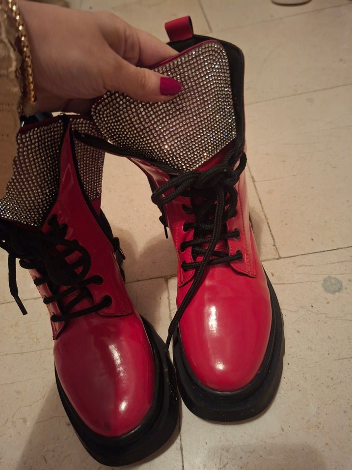 Kırmızı Deri Yüksek Topuklu Bağcıklı Bot - Görsel 5