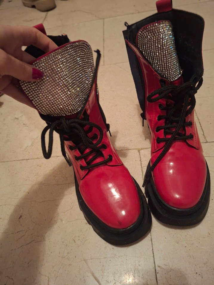 Kırmızı Deri Yüksek Topuklu Bağcıklı Bot - Görsel 4