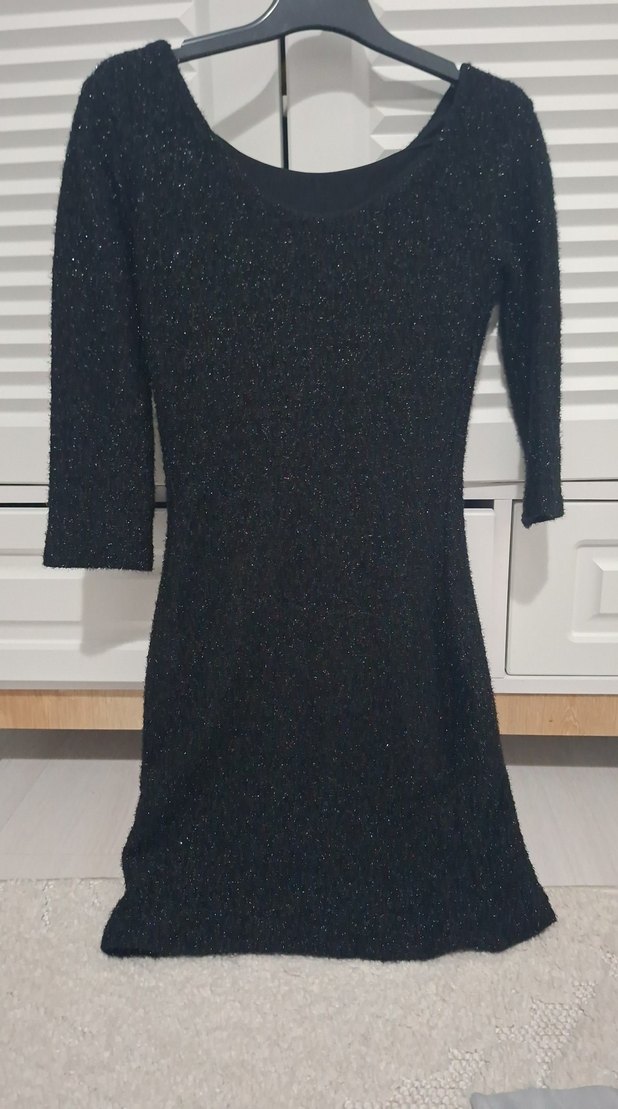 Siyah Triko Midi Elbise, Uzun Kollu, Kayık Yaka - Görsel 2