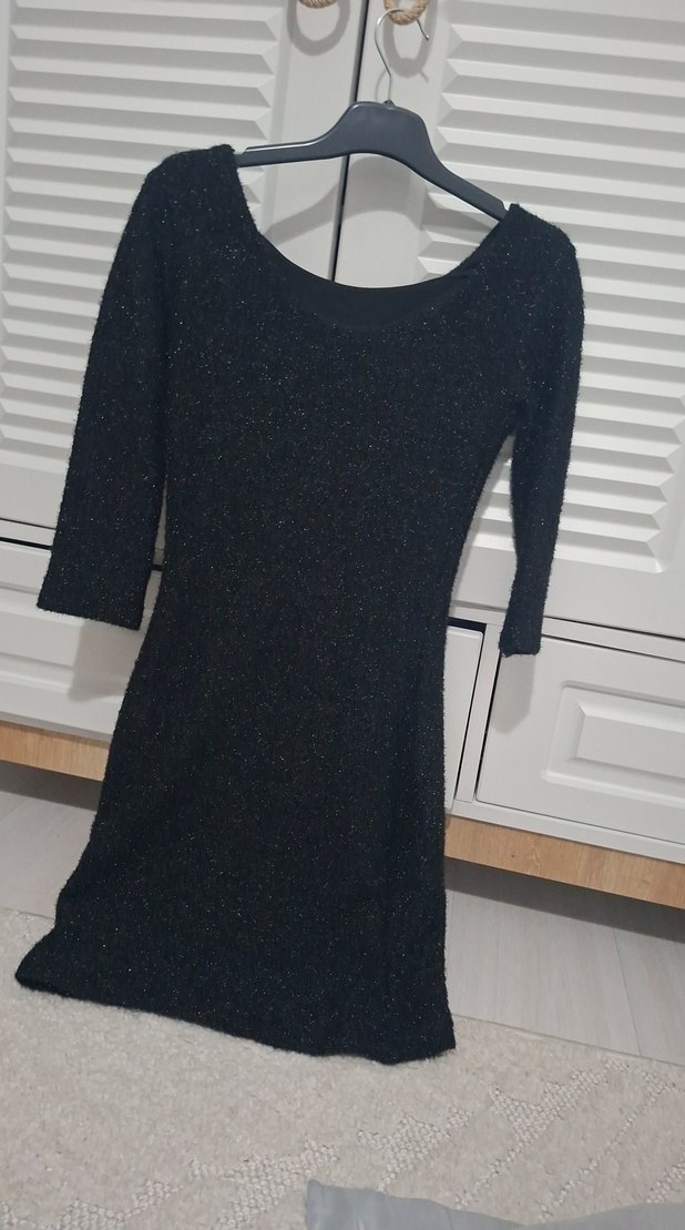 Siyah Triko Midi Elbise, Uzun Kollu, Kayık Yaka - Görsel 5